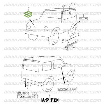 Logotipo de calandra delantera Suzuki Santana Samurai posterior a 1998